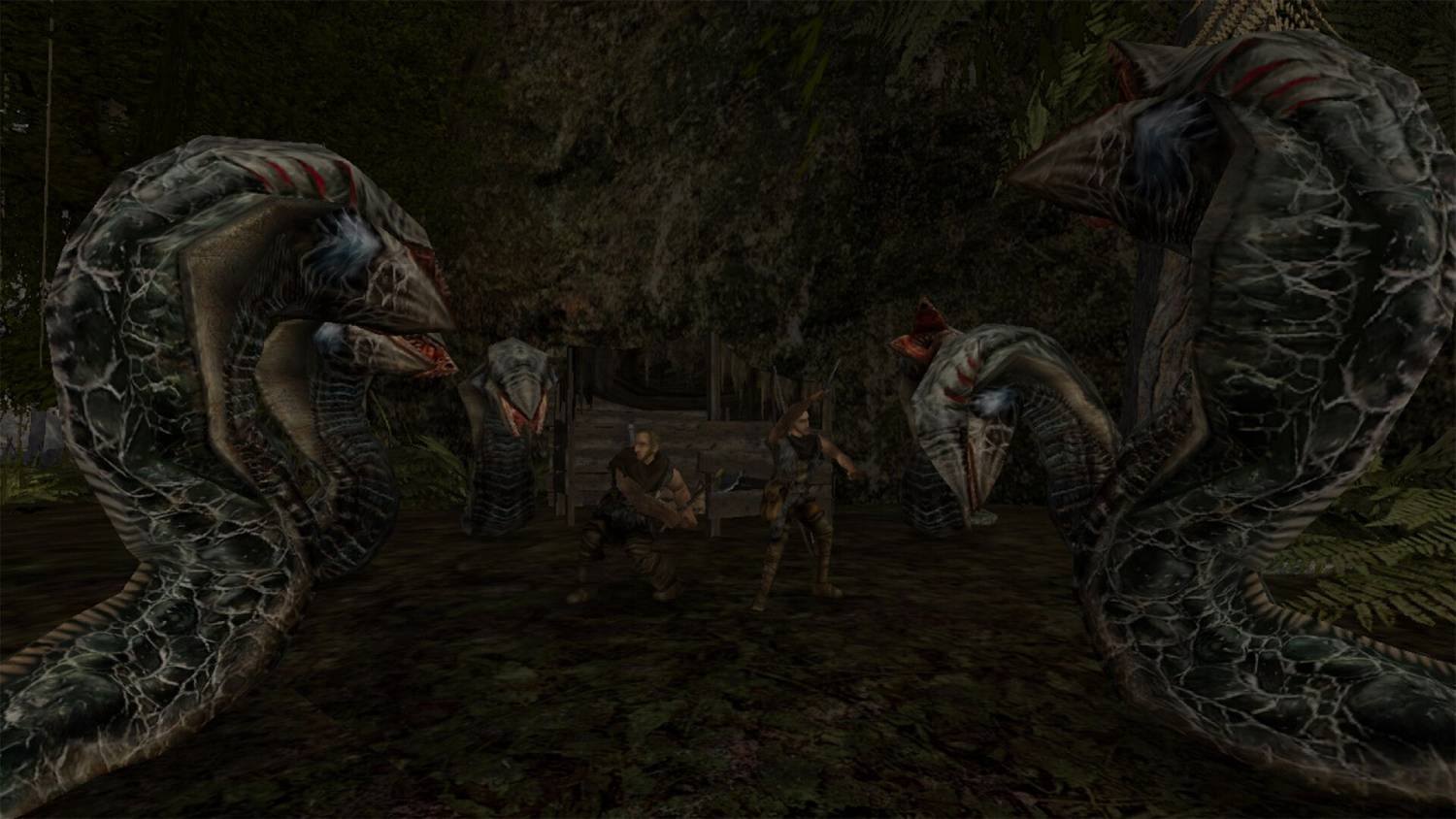 Dos guerreros se enfrentan a grandes criaturas serpenteantes en un entorno oscuro y cubierto de maleza.