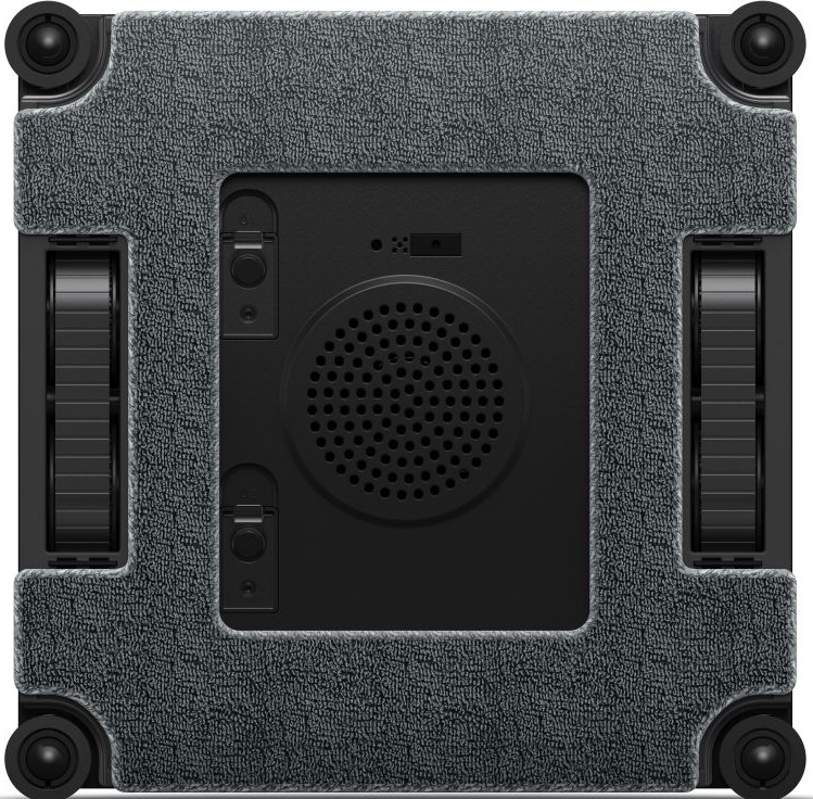 Robot grigio con altoparlante nero e ruote.
