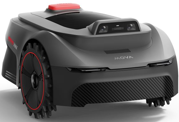 Ein grauer Mähroboter mit roten Akzenten und Kameras auf der Vorderseite.