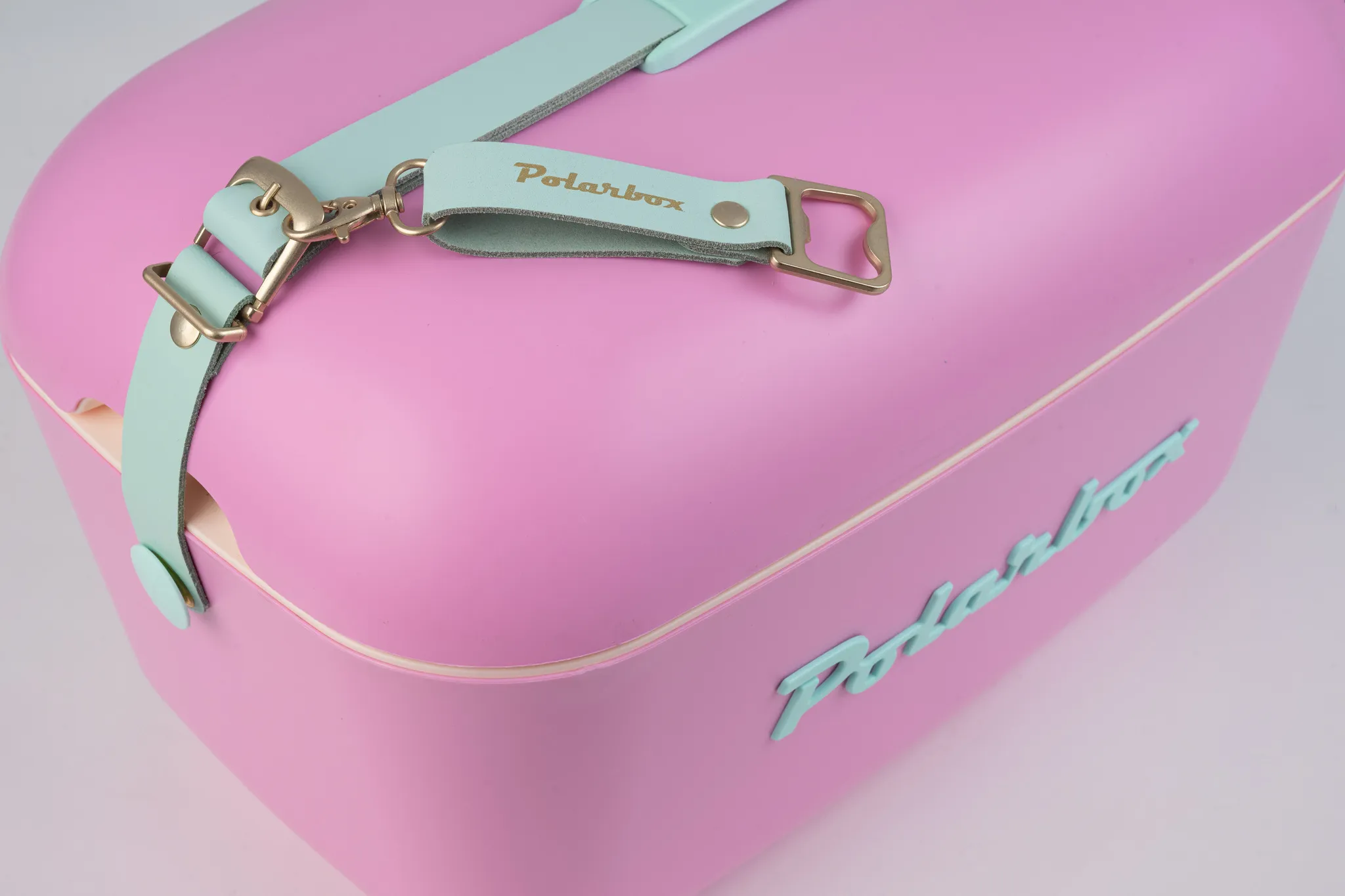 Una borsa frigo rosa con cinghie turchesi e ferramenta dorata. Apribottiglie.