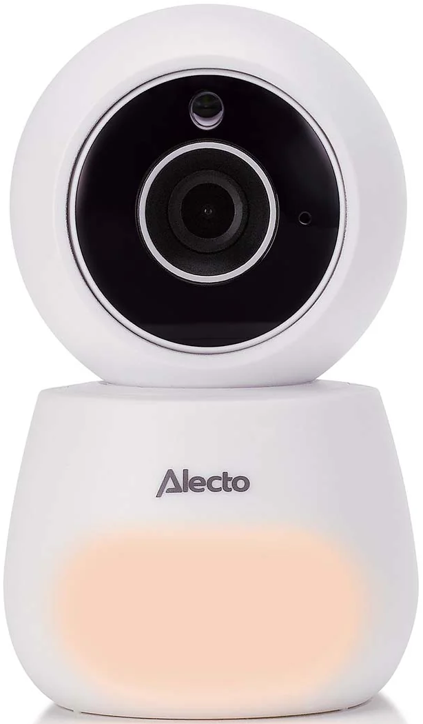 Une caméra babyphone Alecto blanche avec veilleuse intégrée à la base.