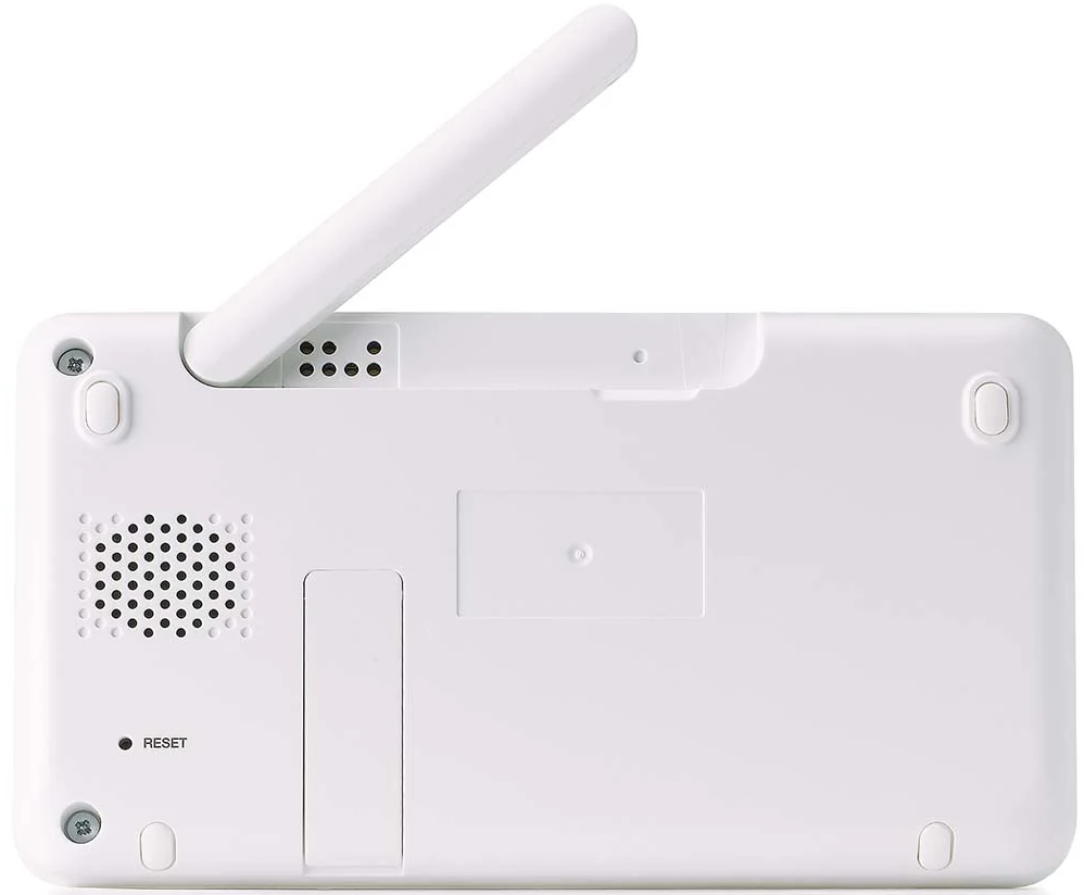 Dos d'un appareil blanc avec antenne, grille de haut-parleur et bouton de réinitialisation.