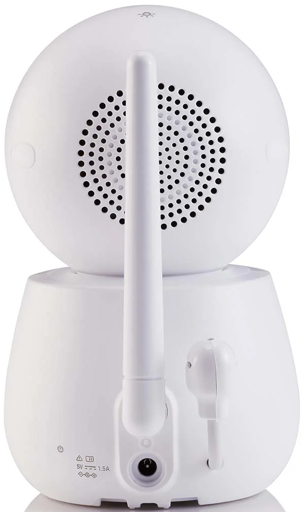 Caméra de sécurité blanche avec antenne et grille de haut-parleur.