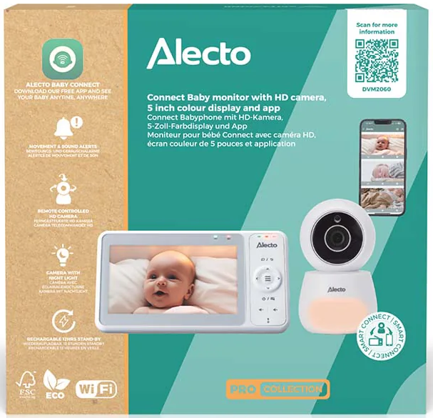 Babyphone Alecto: Caméra HD, écran 5 pouces, app. Montre bébé et caméra.
