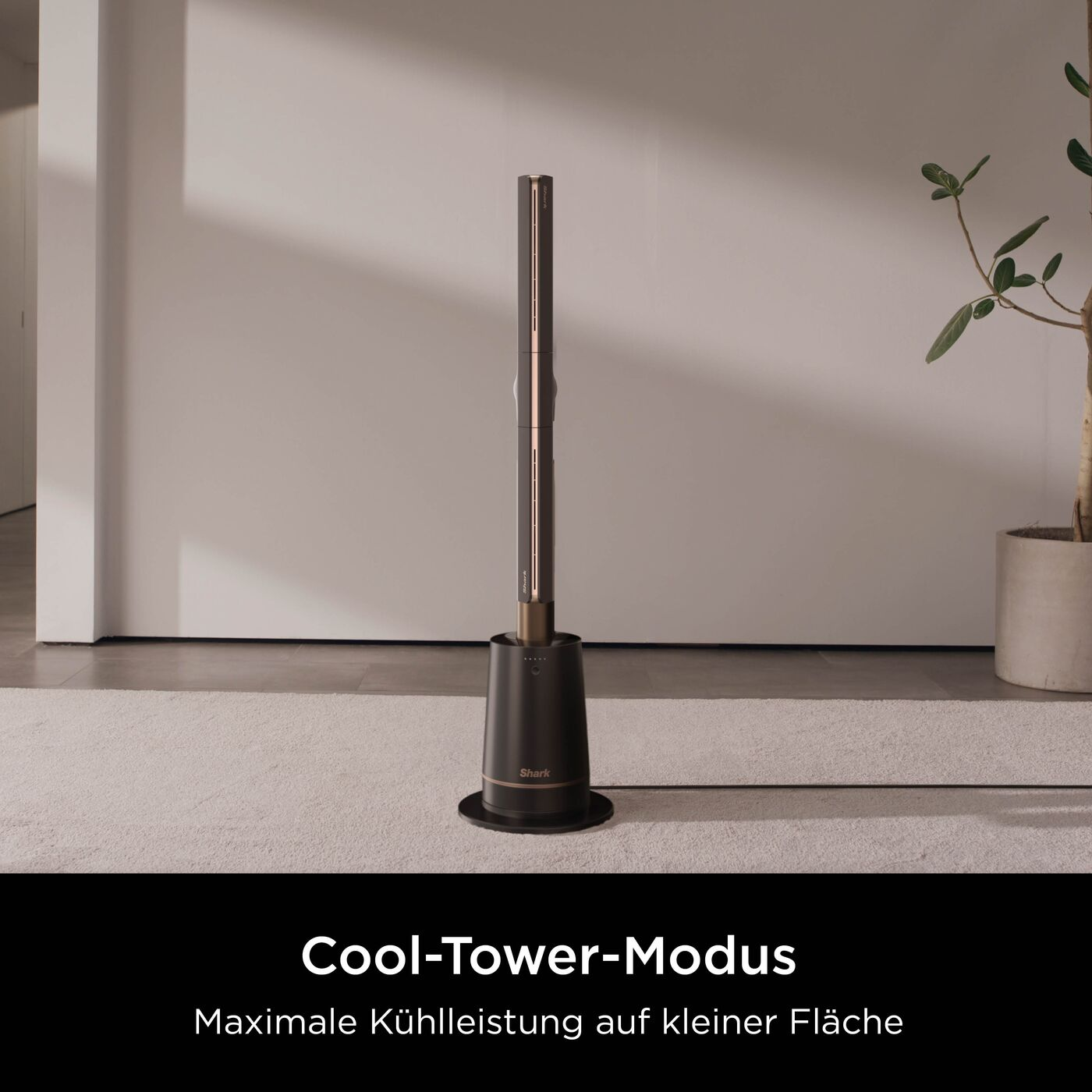 Un ventilateur tour, sombre et élégant, se dresse sur un tapis à côté d'une plante.
