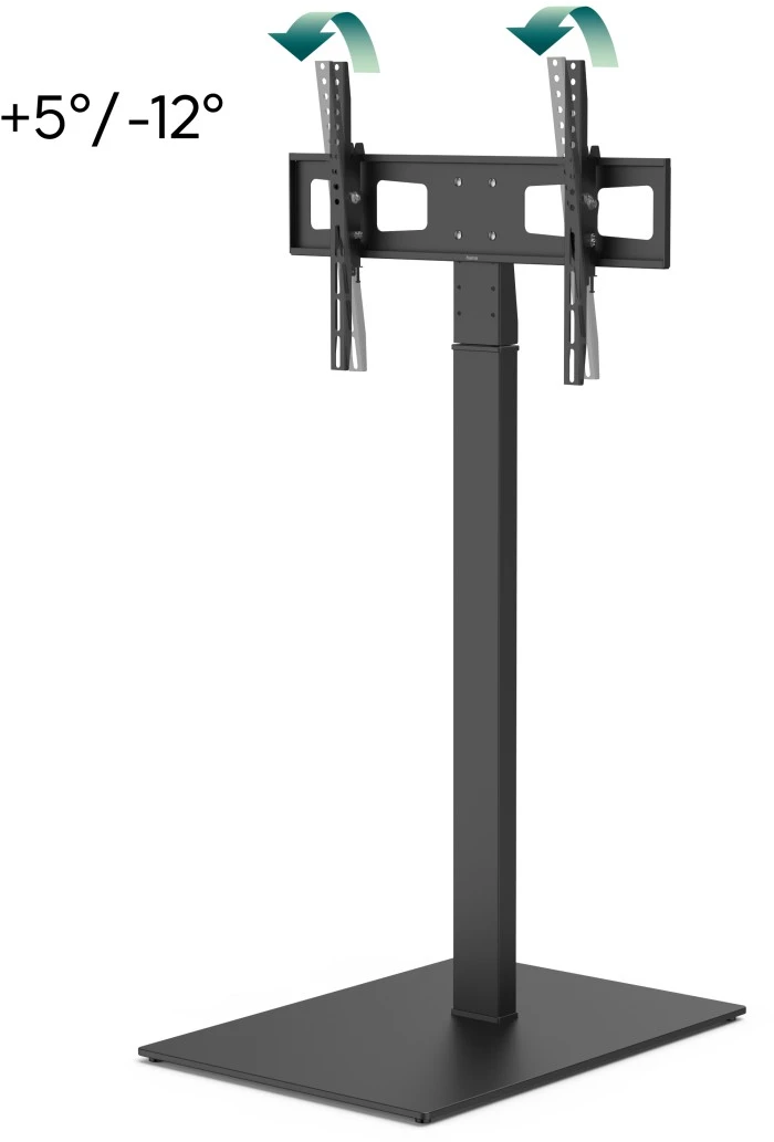 Pied TV noir avec support inclinable, angle de -12° à +5°.