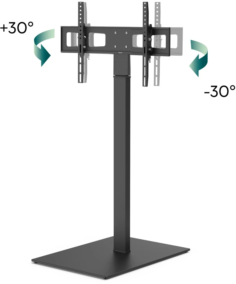 Un pied TV noir avec une base rectangulaire et une colonne verticale supportant un support. Indique une inclinaison de +/-30°.