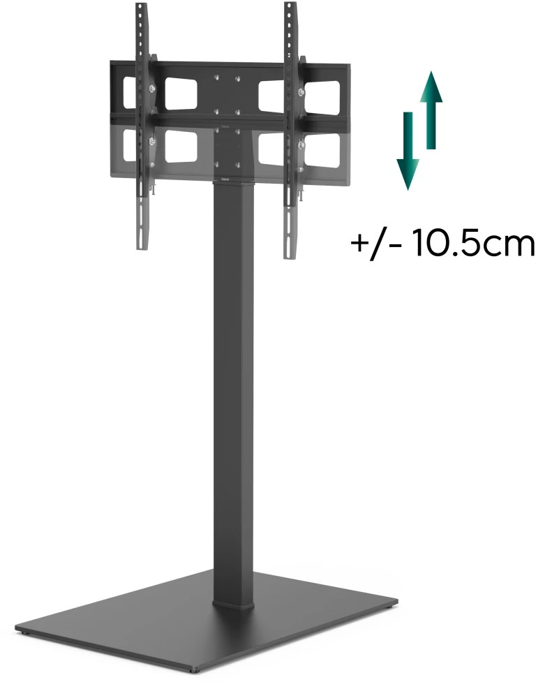 Support TV noir avec fixation réglable et indicateur de hauteur de +/- 10,5 cm.