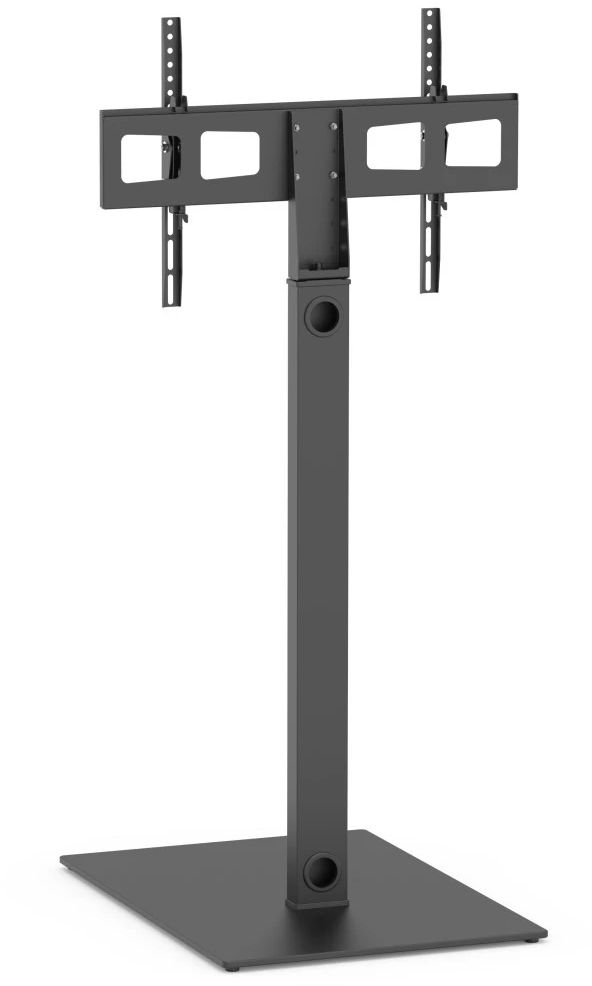 Un support TV sombre autoportant avec une base rectangulaire et un mât vertical.