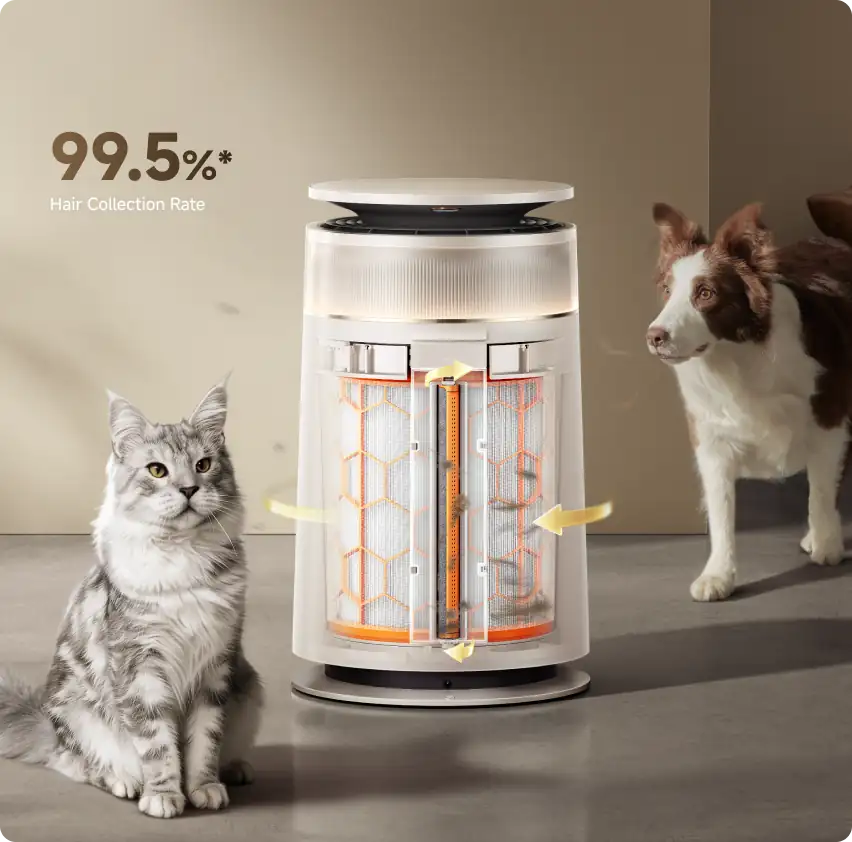 Un purificateur d'air avec un chien et un chat à côté. Taux de collecte de poils de 99,5%.