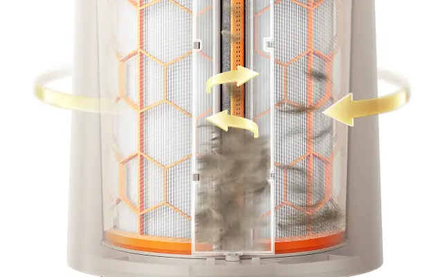 Un filtre à air avec de la poussière accumulée, montrant des flèches indiquant le flux d'air.