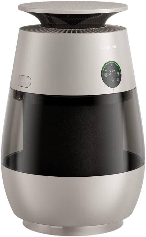 Un purificateur d'air moderne avec un réservoir transparent et un filtre noir.