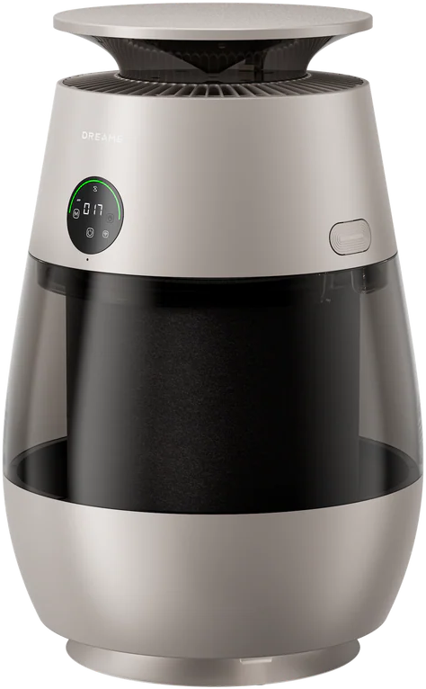 Purificateur d'air argenté avec filtre noir et écran numérique affichant des chiffres verts.