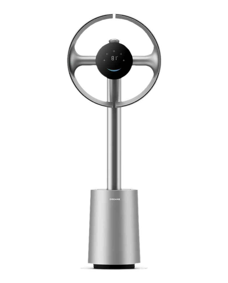Ein silberner Turmventilator mit einem runden Kopf und einem digitalen Display.