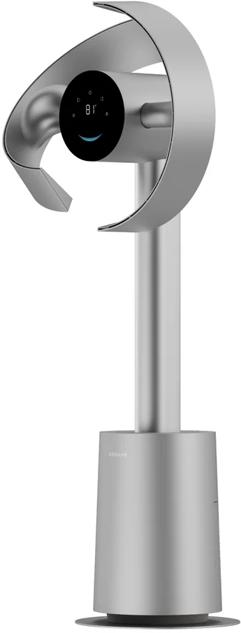 Ein silberner Turmventilator mit schwarzem Display, das 81° und ein Smiley zeigt.