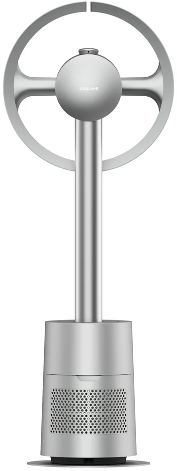 Ein silberner Turmventilator mit rundem Kopf und einem oberen Ring.