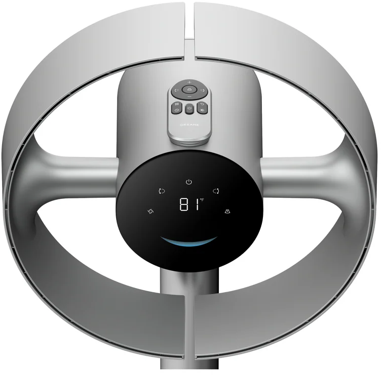 Ein silberner, blattloser Ventilator mit digitaler Anzeige und Fernbedienung.