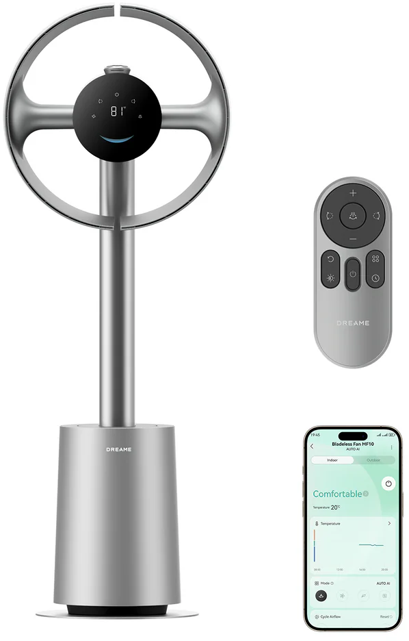 Ein silberner Standventilator mit Fernbedienung und Smartphone-App.