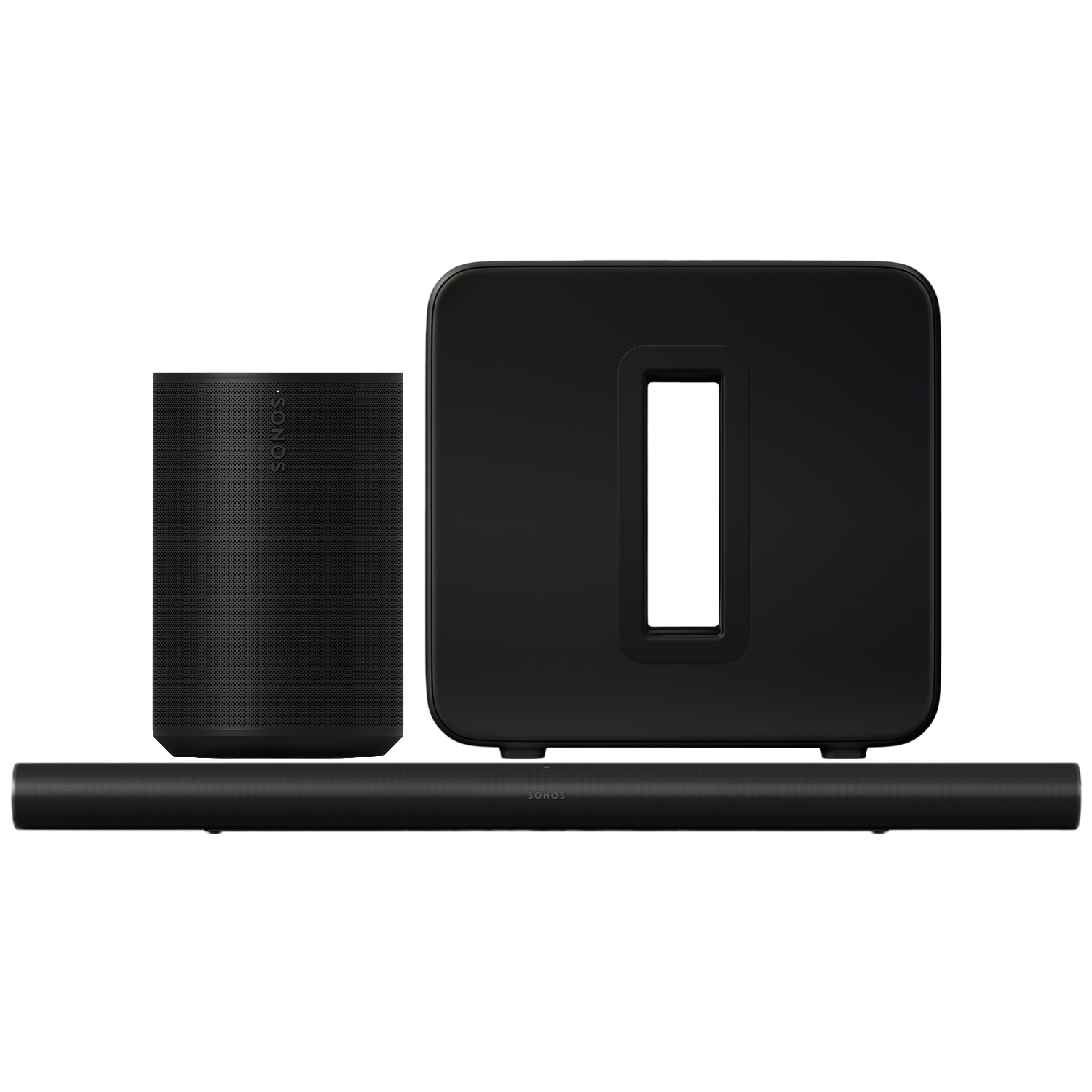 Zwarte Sonos speaker, subwoofer en soundbar op zwarte achtergrond.