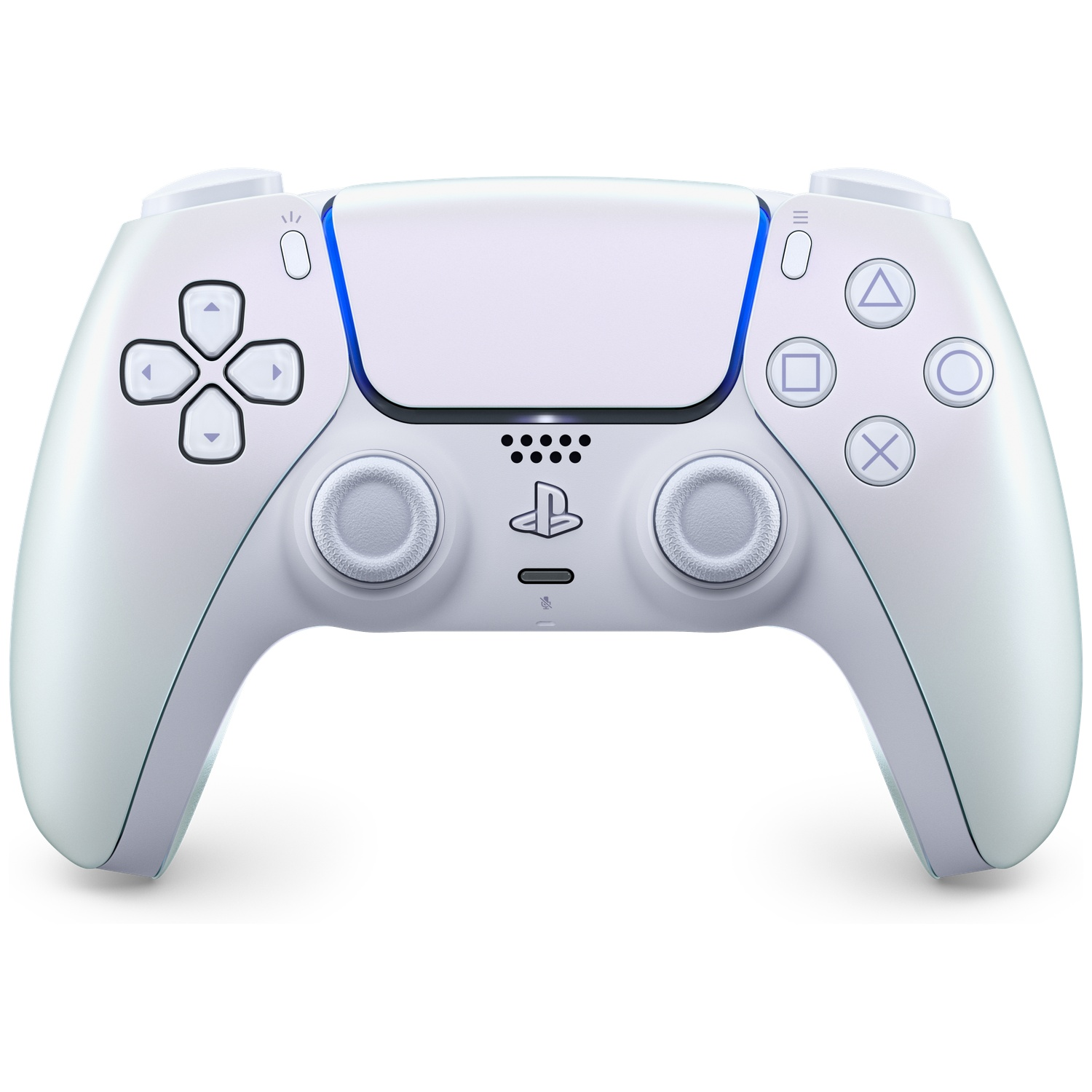 A white PlayStation 5 controller with blue accents and symbols.