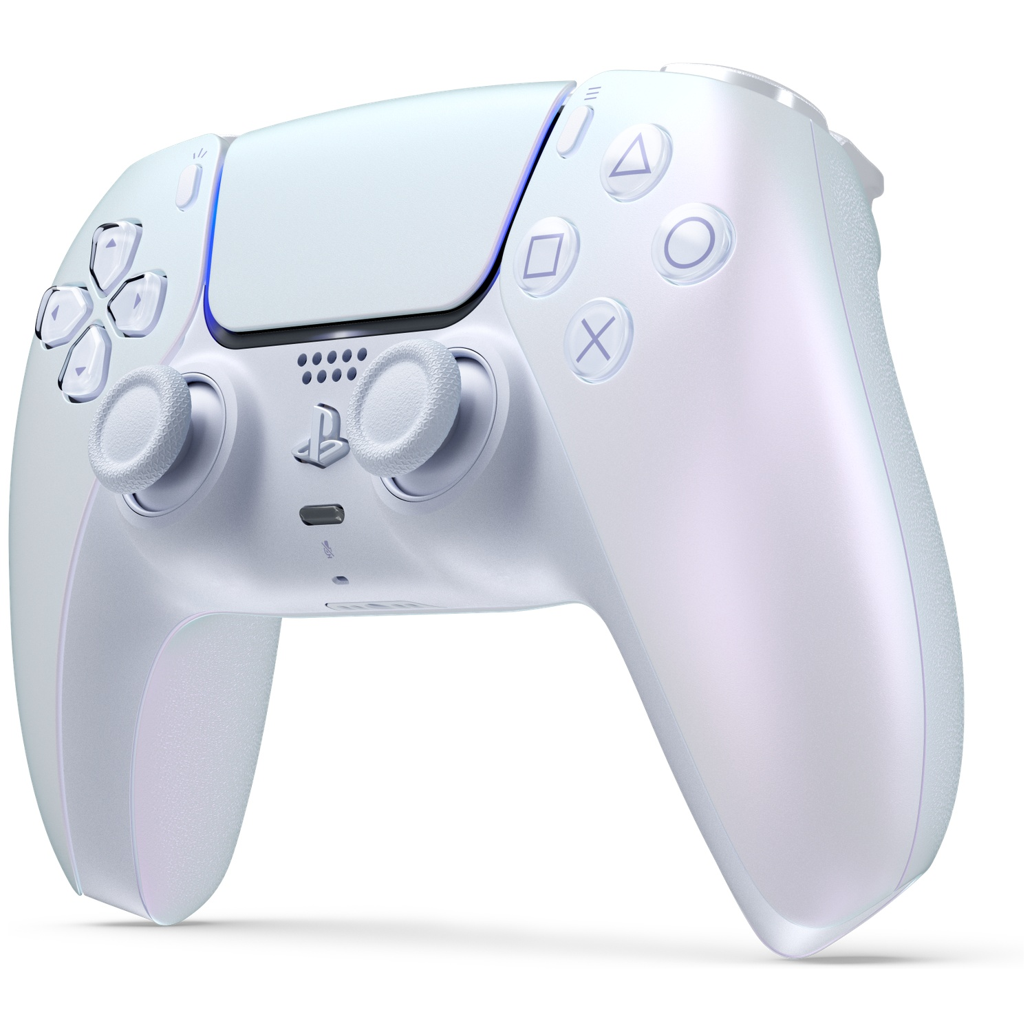 Iridescent white game controller with D-pad, analog sticks, and face buttons.