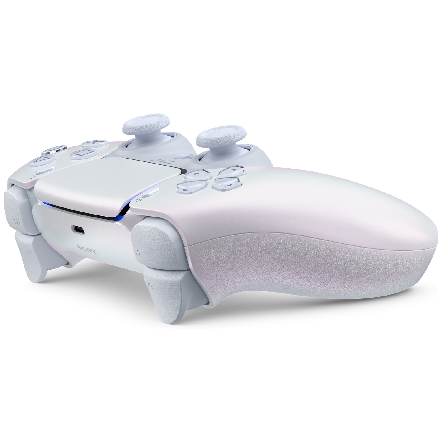 A white PlayStation 5 DualSense controller angled on a white background.