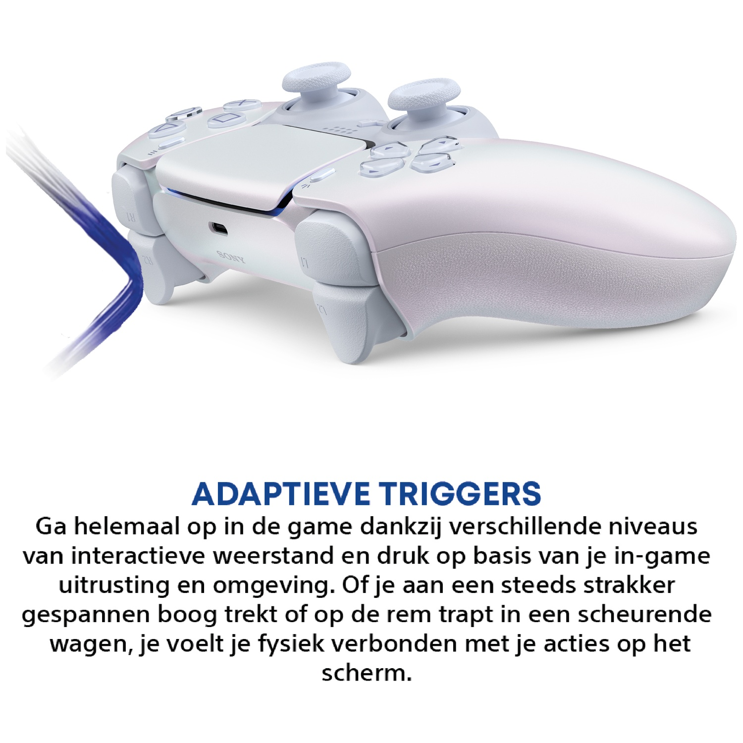 A light, white controller with blue accents and blue cables.