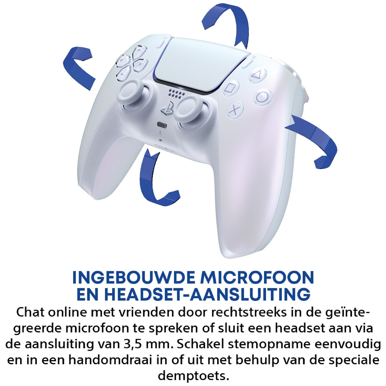 White controller with blue arrows indicating built-in microphone feature.