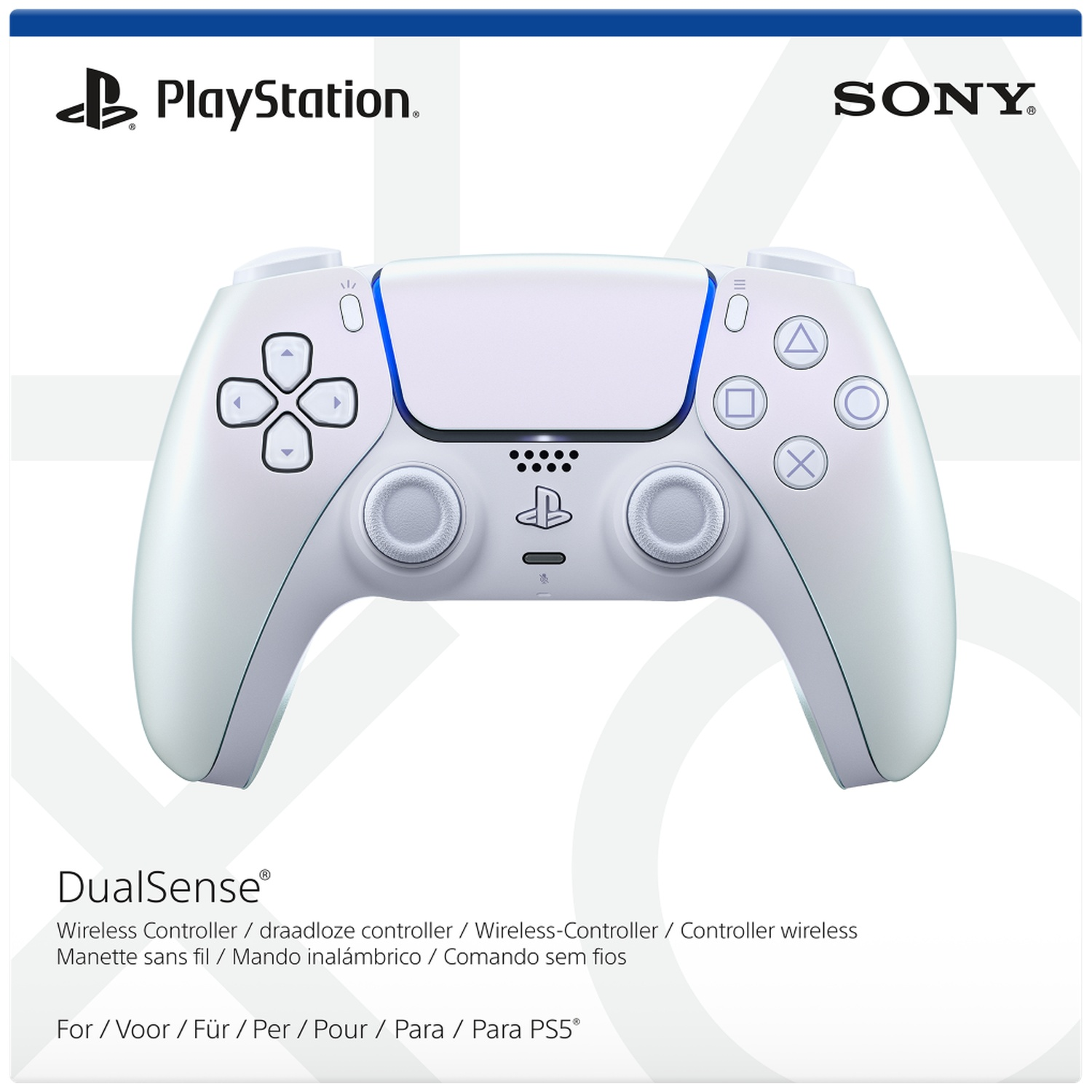 White PlayStation DualSense controller with Sony logo and text. Front view.