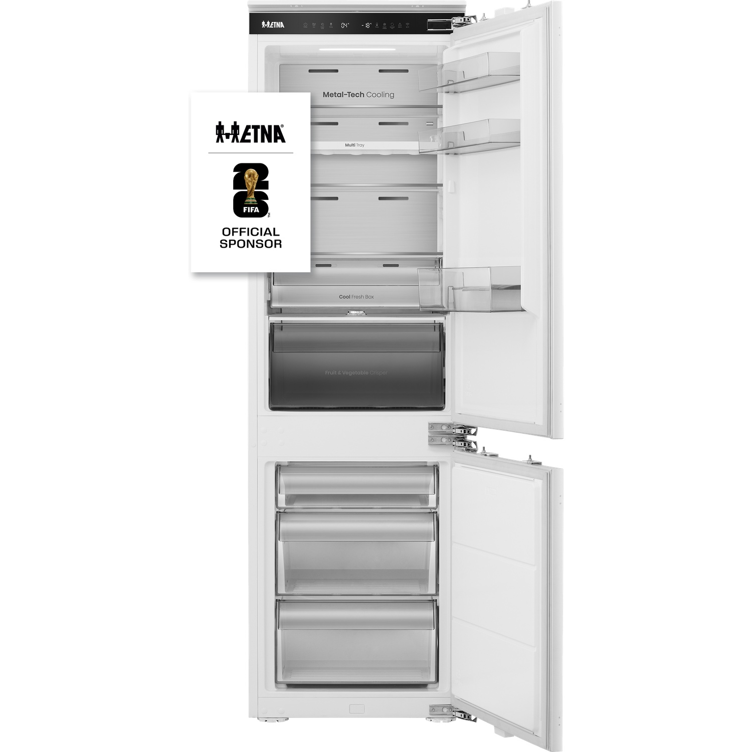 A white refrigerator with open doors, Etna logo, and FIFA sponsor imprint.