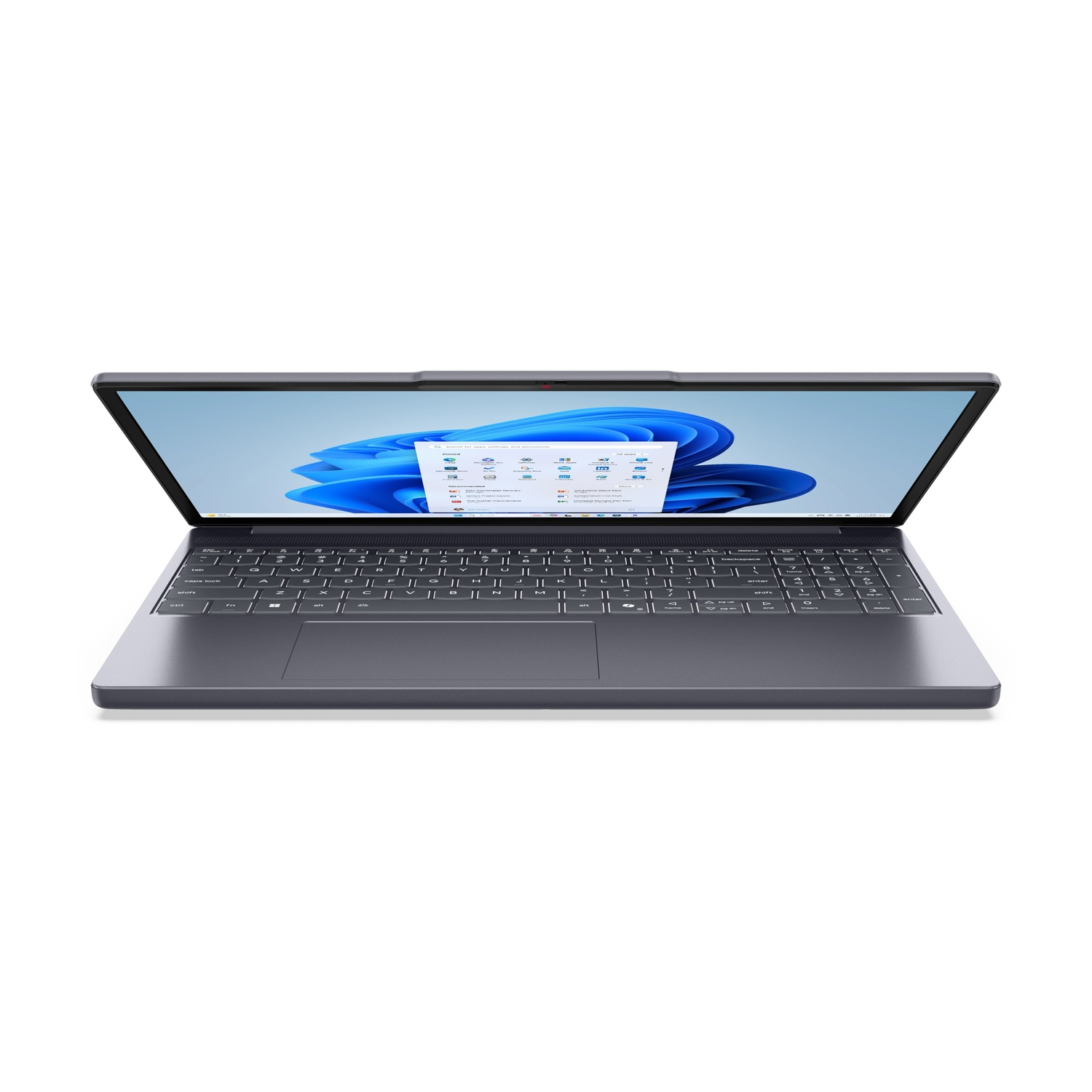Un laptop grigio aperto che mostra uno sfondo blu di Windows 11.