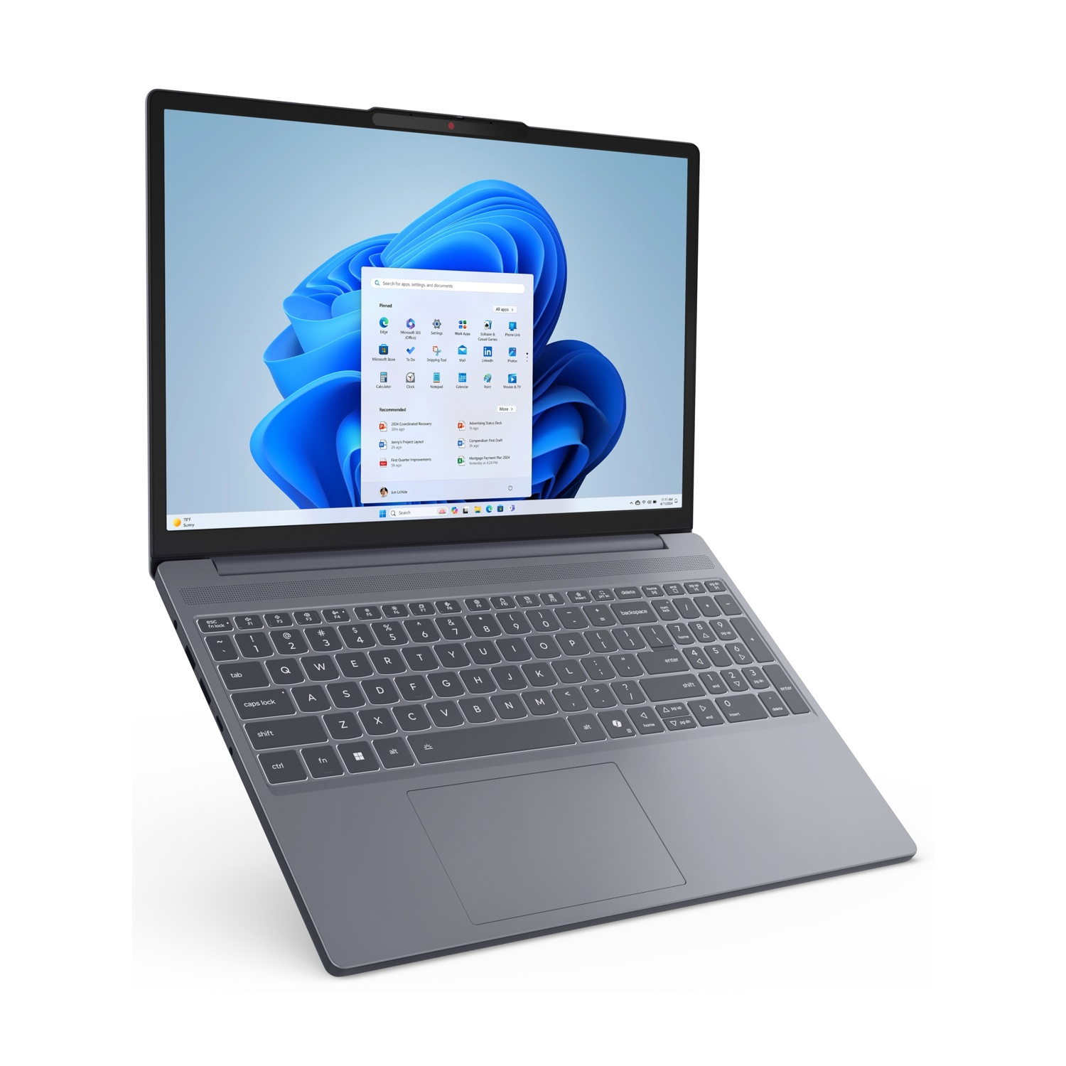 Un moderno laptop grigio che visualizza una schermata iniziale di Windows 11 con sfondo blu.