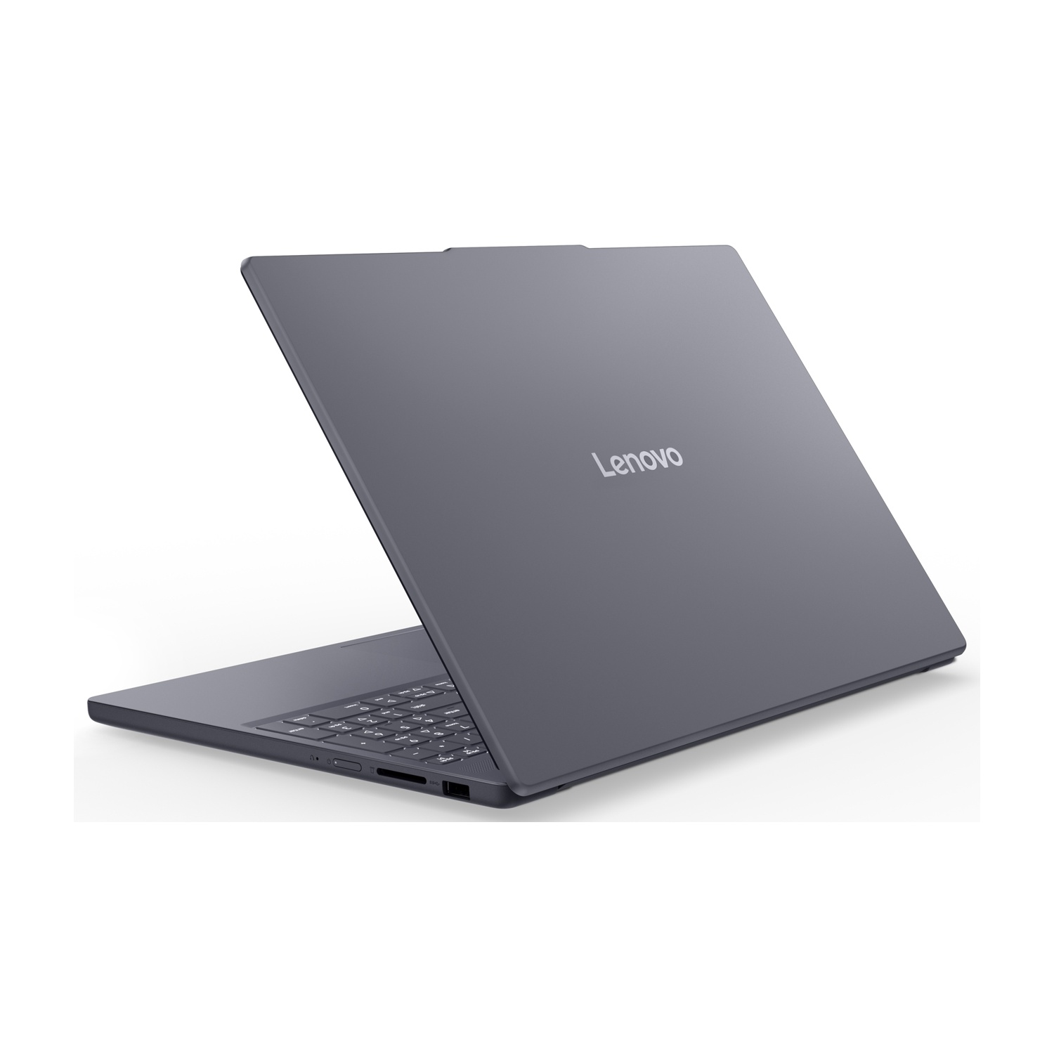 Un laptop Lenovo grigio, che mostra tastiera e porte, su sfondo bianco.