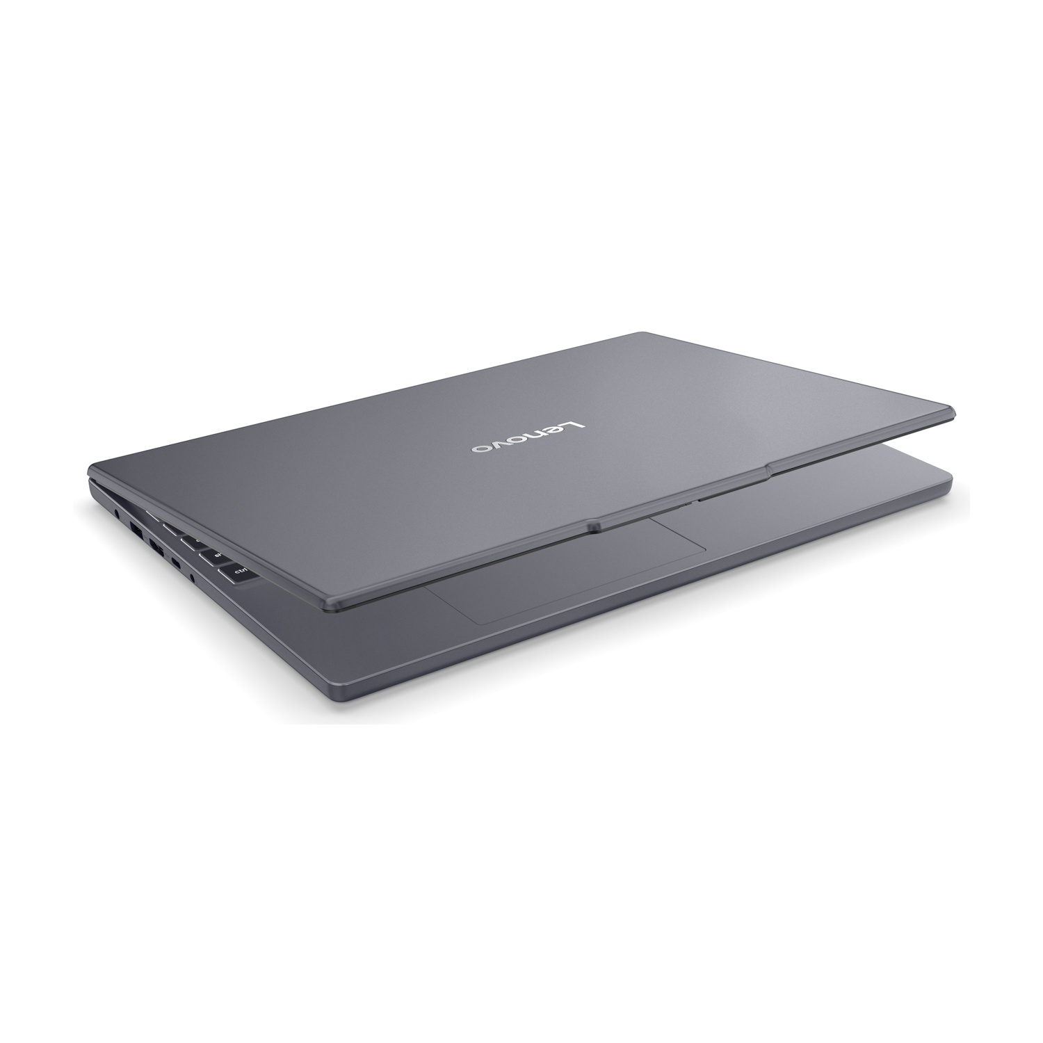 Un laptop Lenovo grigio chiuso con il suo logo sul coperchio.