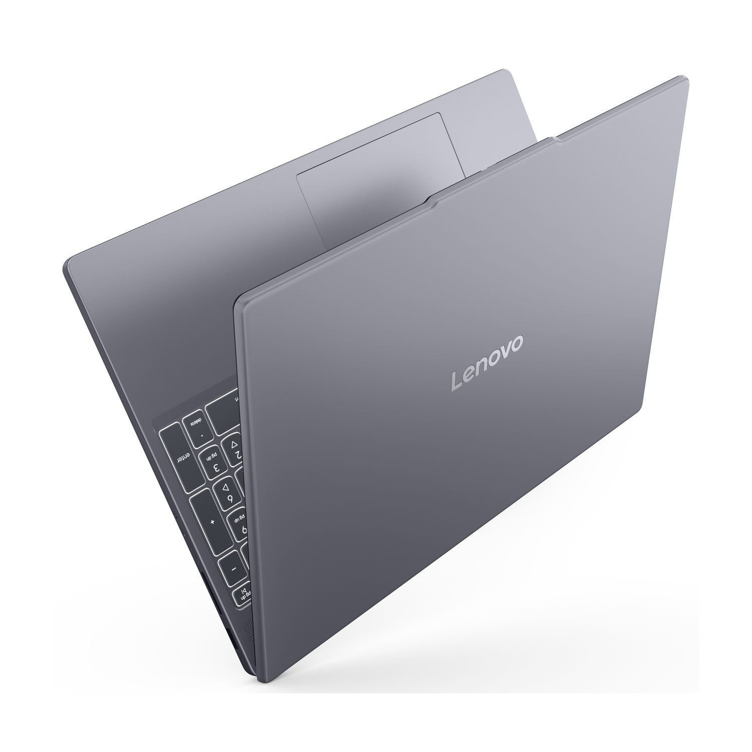 Laptop Lenovo grigio, parzialmente aperto, tastiera visibile.