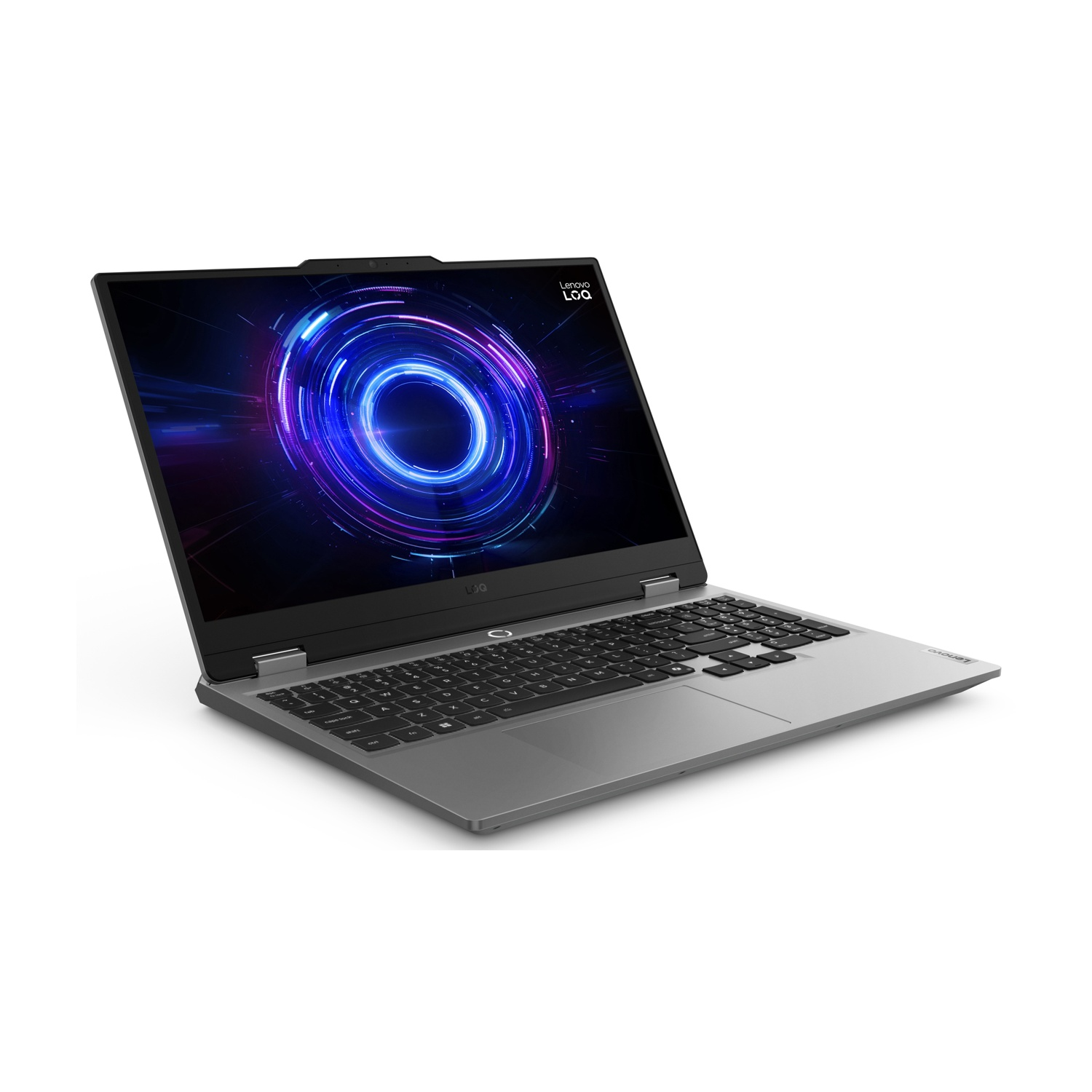 Un laptop Lenovo argentato con una grafica circolare vibrante sullo schermo.