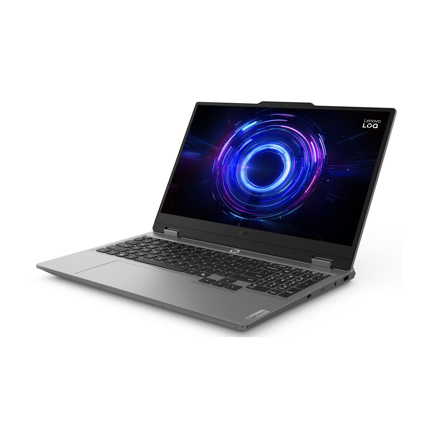 Un laptop Lenovo grigio aperto con un cerchio blu dinamico sullo schermo.