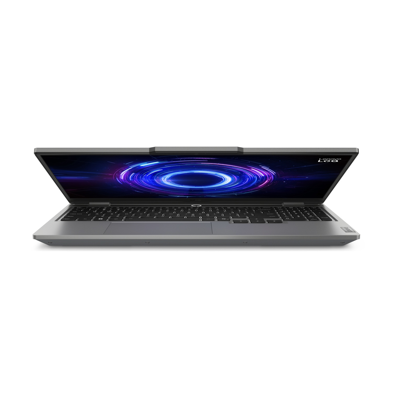 Un laptop grigio aperto con una grafica circolare luminosa sullo schermo.
