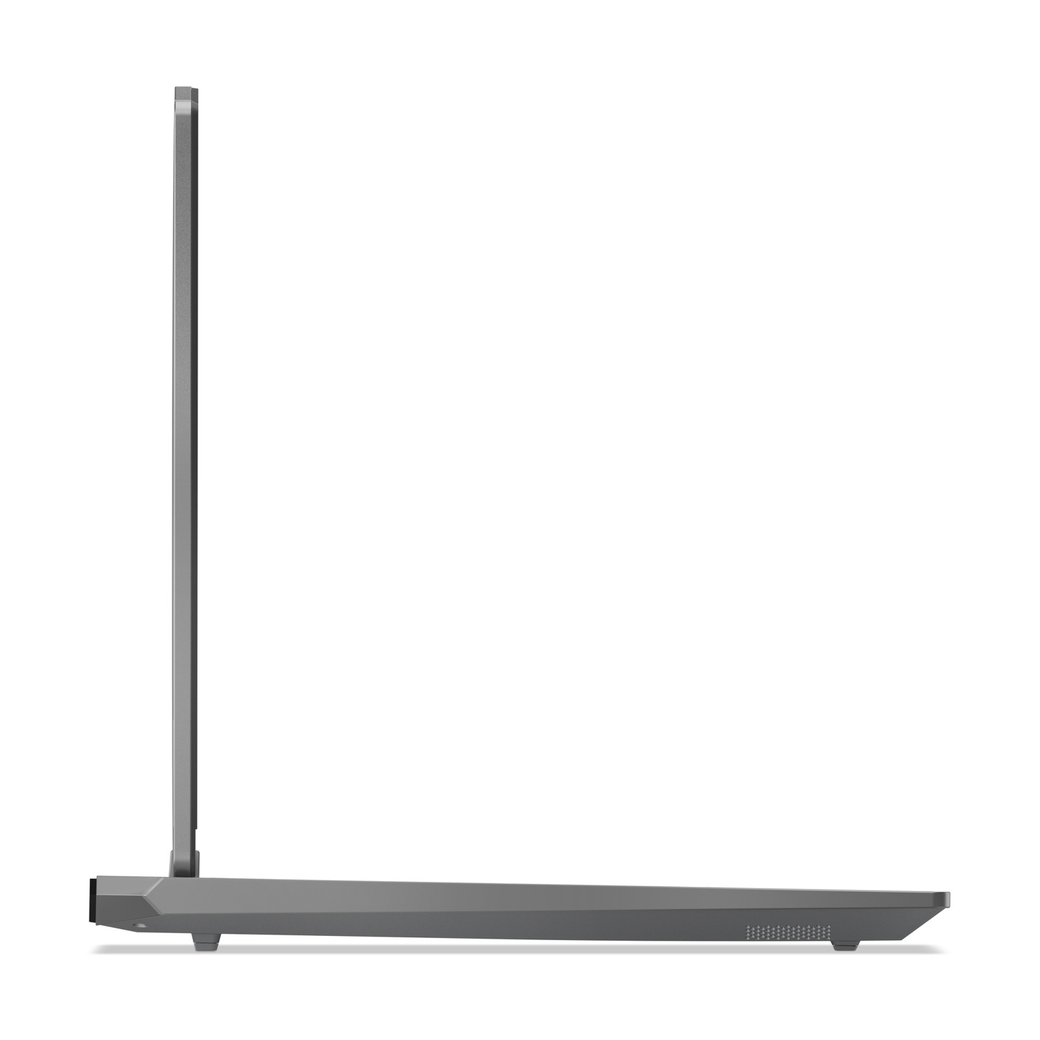 Profilo laptop grigio chiuso, vista laterale, sfondo bianco.