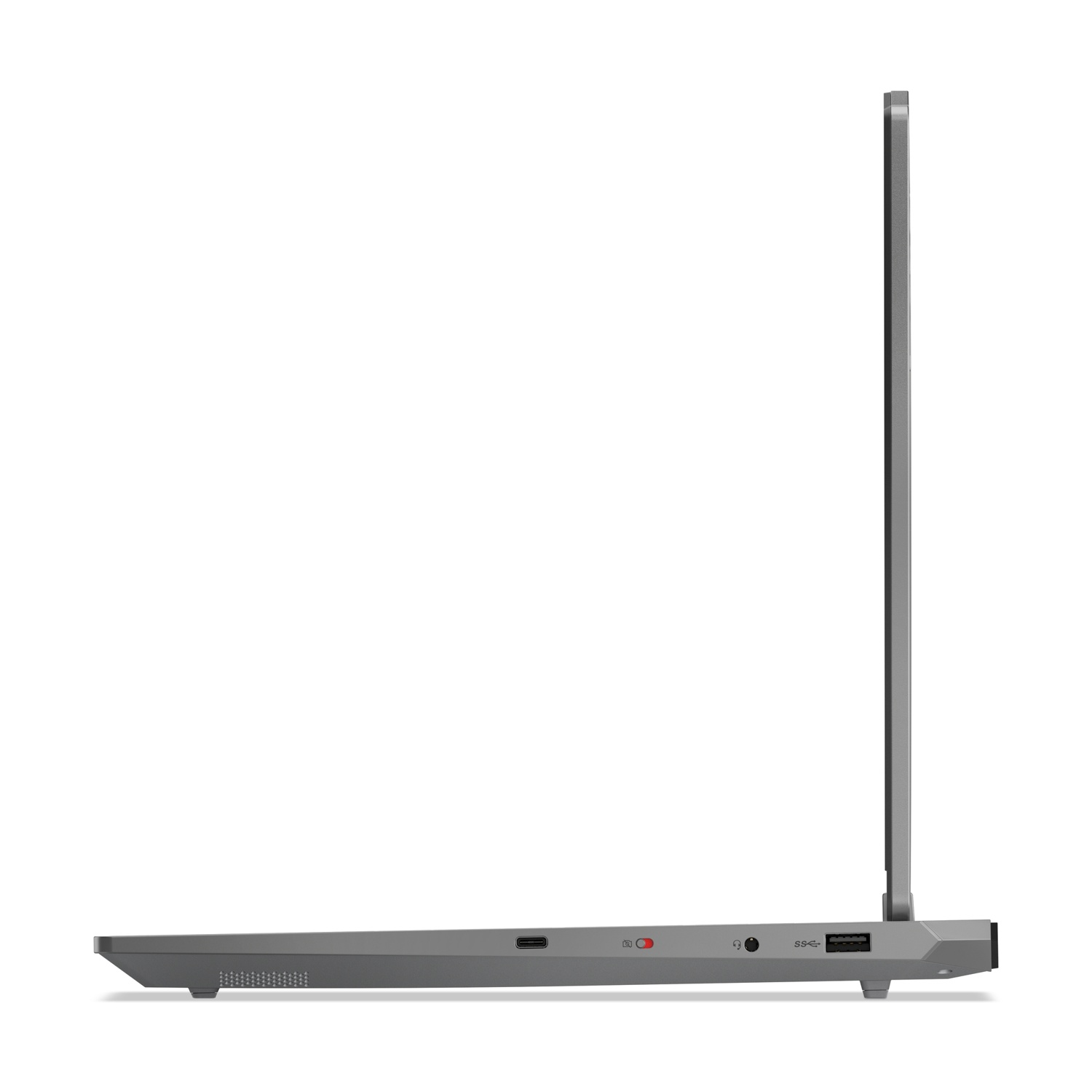 Profilo laptop grigio con USB-C, interruttore rosso, jack cuffie e USB-A.