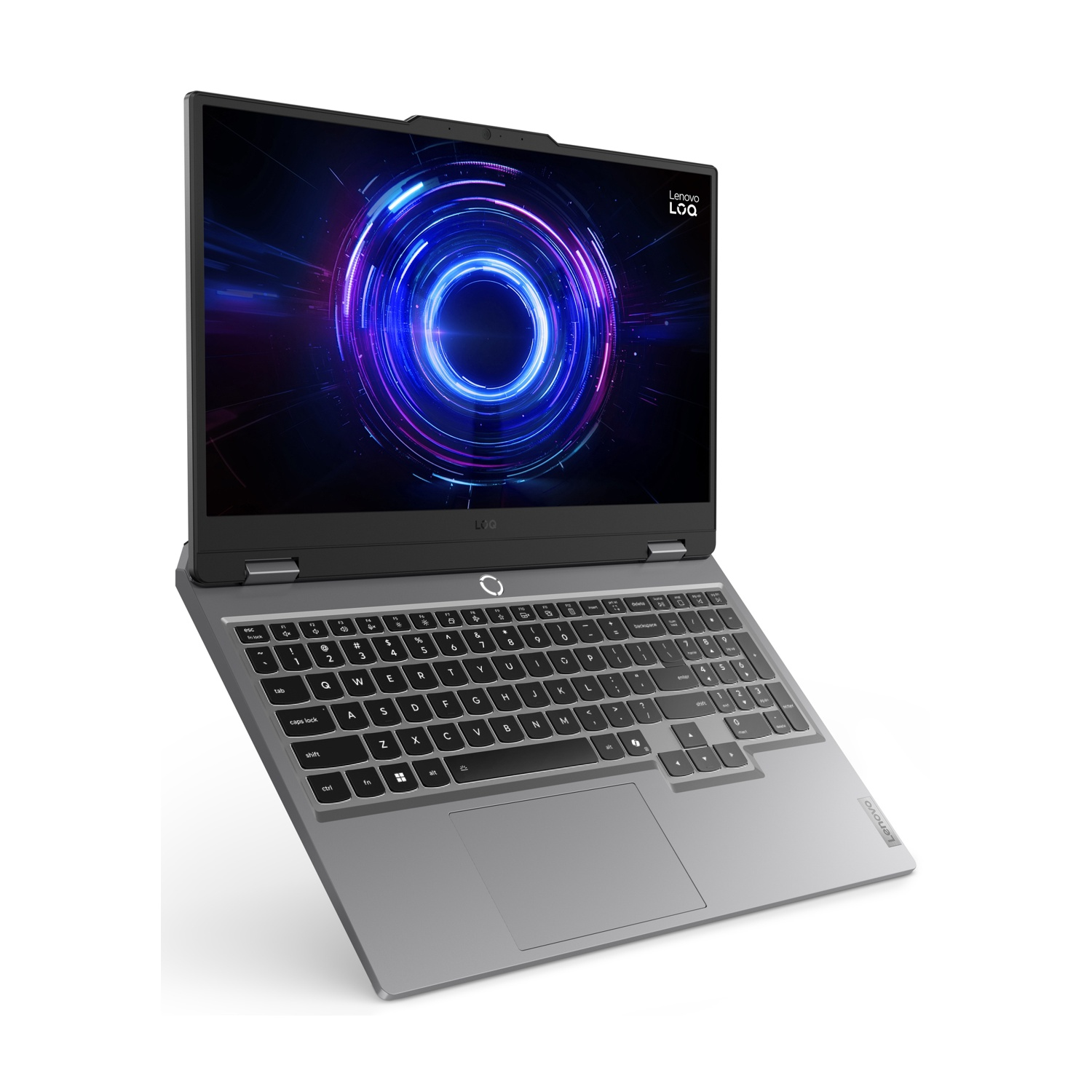 Un laptop da gaming Lenovo LOQ grigio con uno sfondo di cerchio luminoso.
