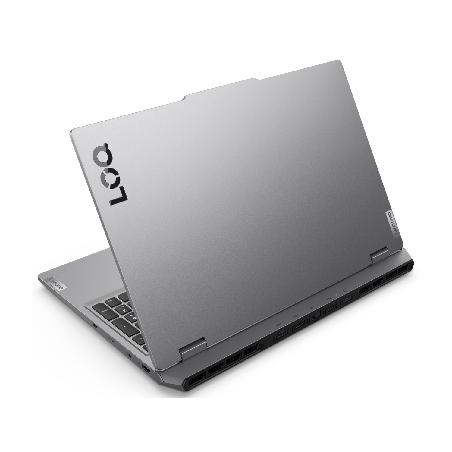 Un laptop argentato chiuso con il logo 'LOQ' sul coperchio.