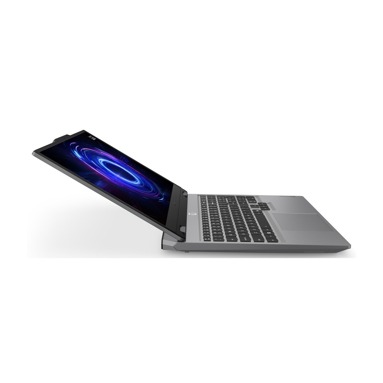 Laptop grigio con schermo aperto, che mostra una grafica blu vorticosa.