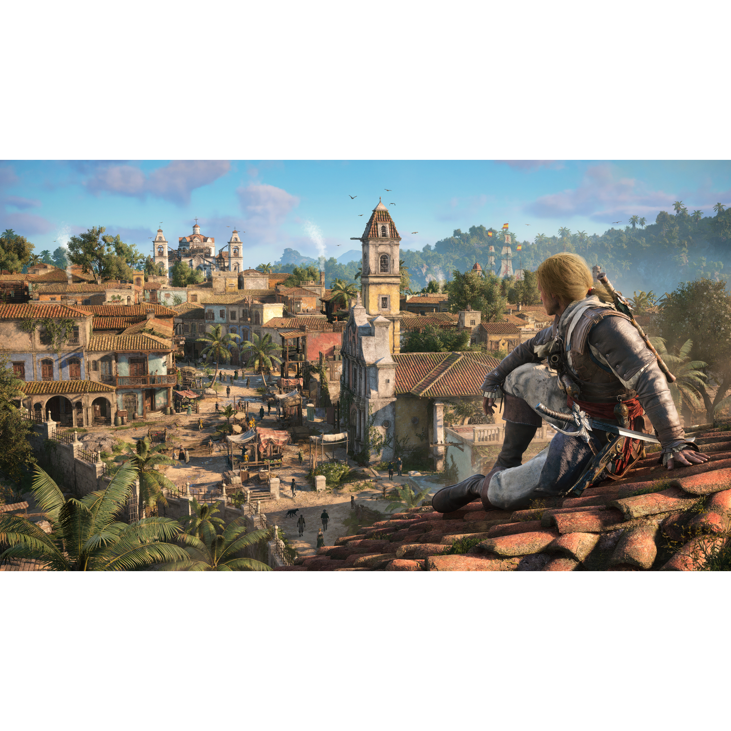A man sits on a rooftop overlooking a busy city with palm trees and ships.
