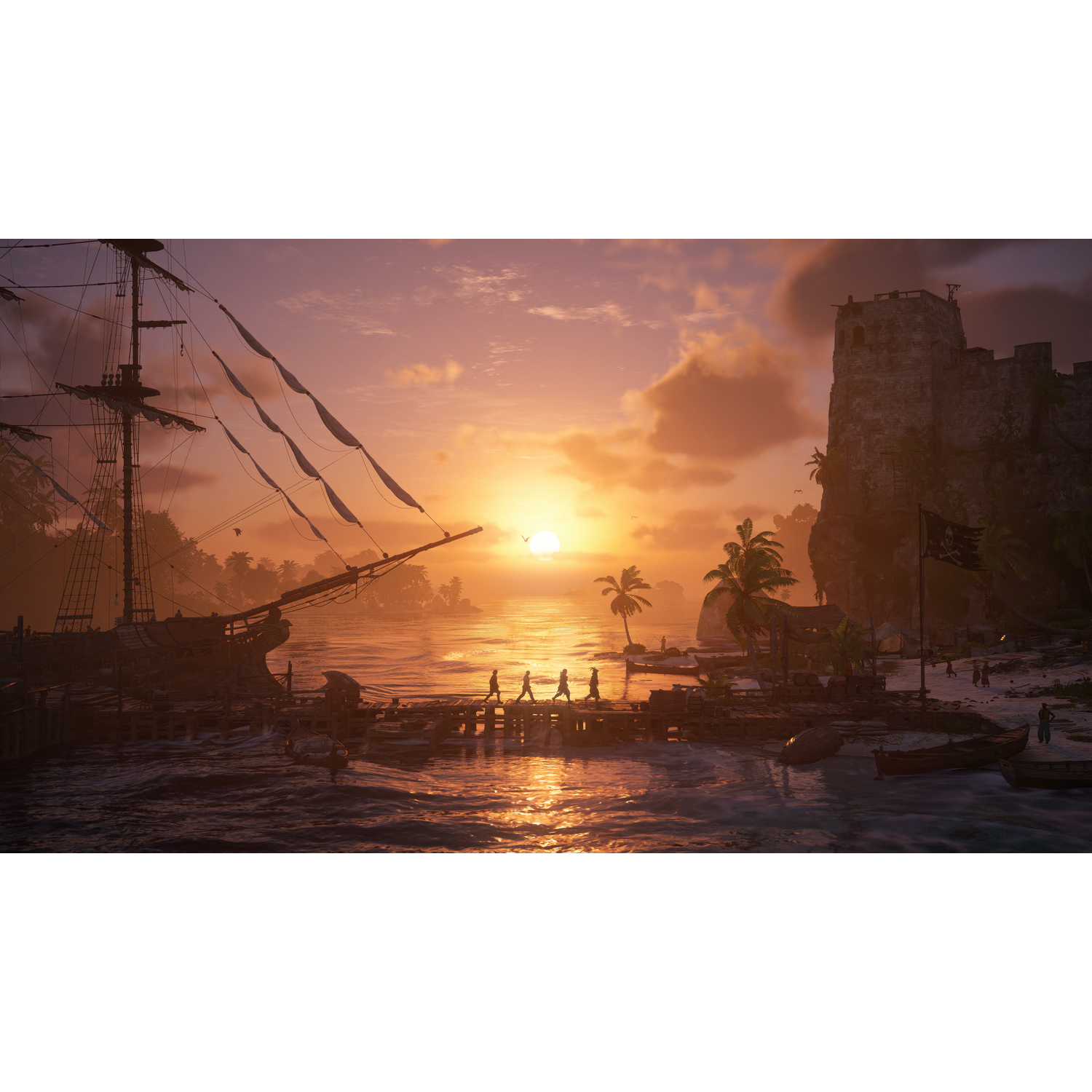 A sailing ship rests in a harbor. People walk on a pier. Sunset on the beach.