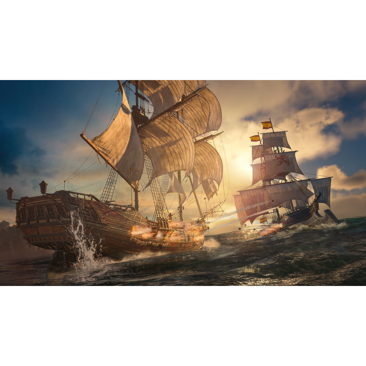 Two sailing ships battle on the high seas, one firing cannonballs.