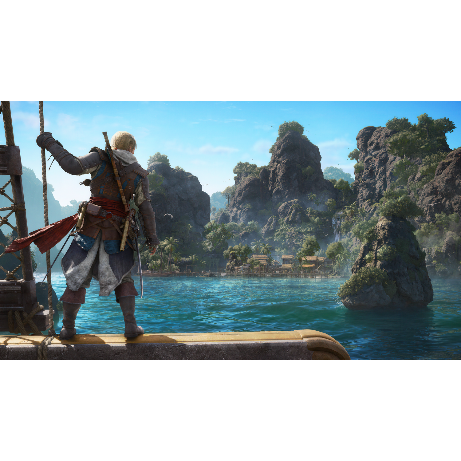 Man in pirate attire on ship deck, looking at tropical island village.