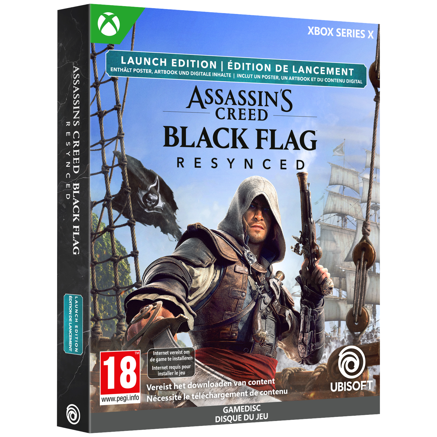 Assassin's Creed Black Flag Xbox Series X gamecover met een piraat voor zeilschepen.