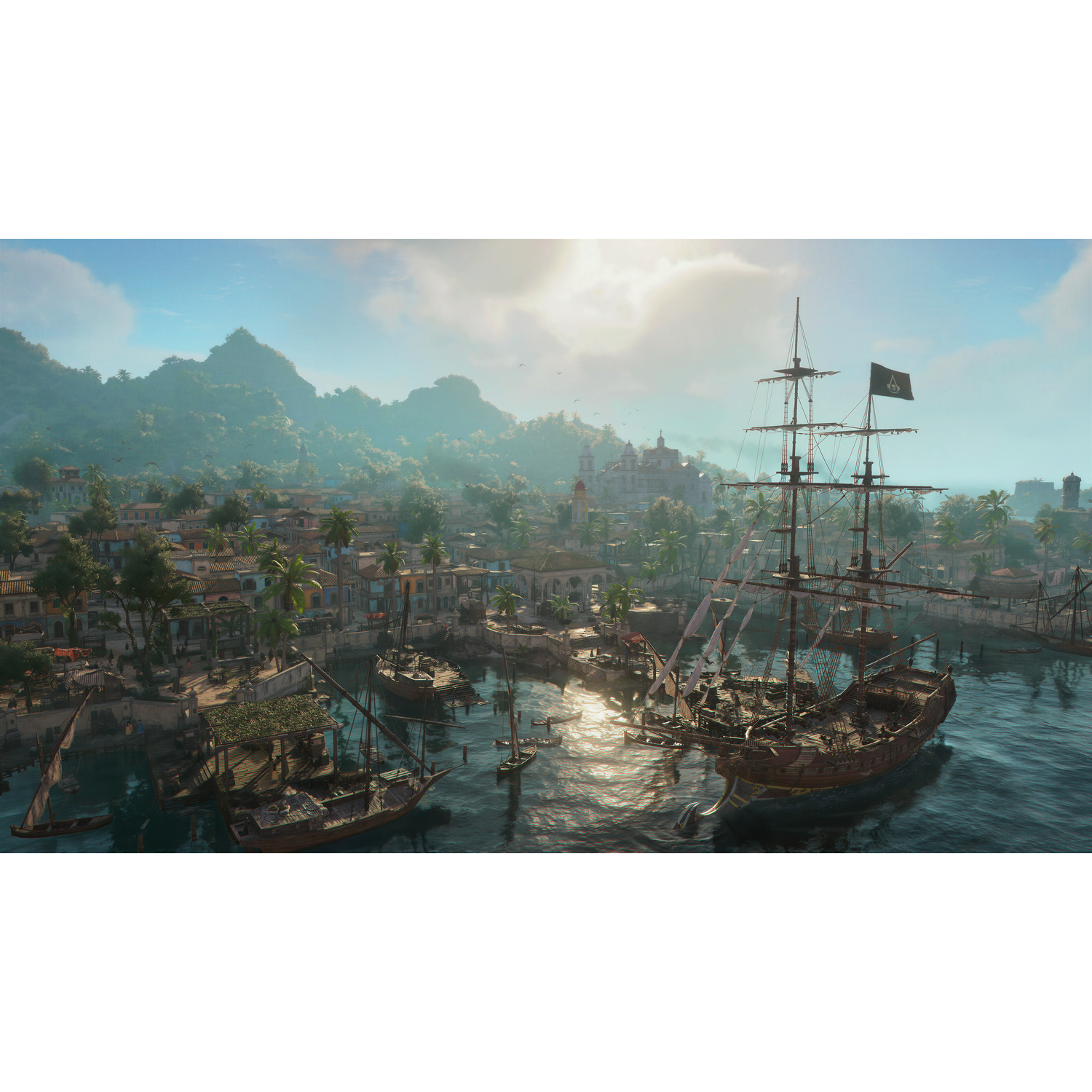 A large ship with a black flag in a harbor, surrounded by buildings and mountains.