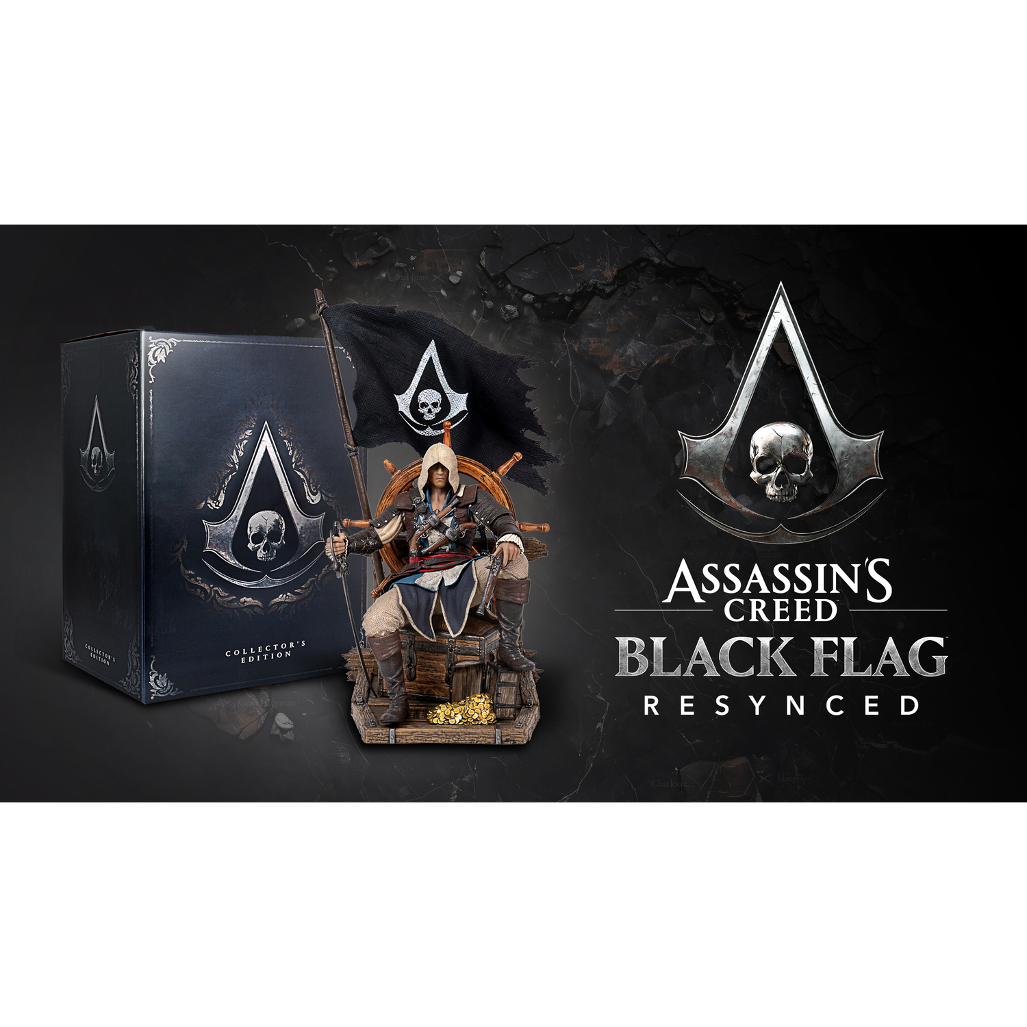 An Assassin's Creed Black Flag collector's edition box and figure with pirate flag.